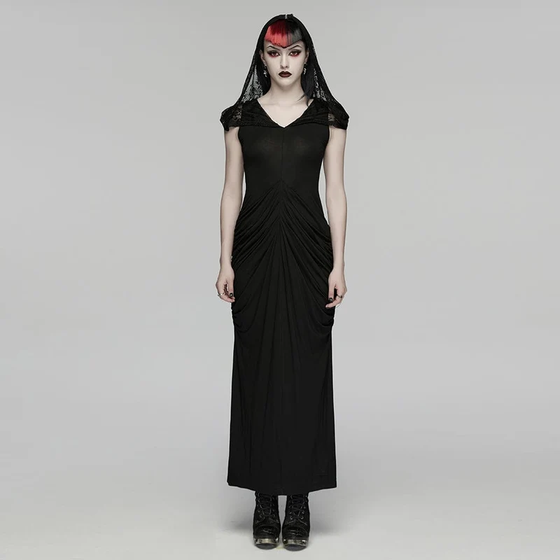 Gothic-Kleid mit Raffungen und Kapuze, Nonnenkleid für Damen, Hochzeitskleid