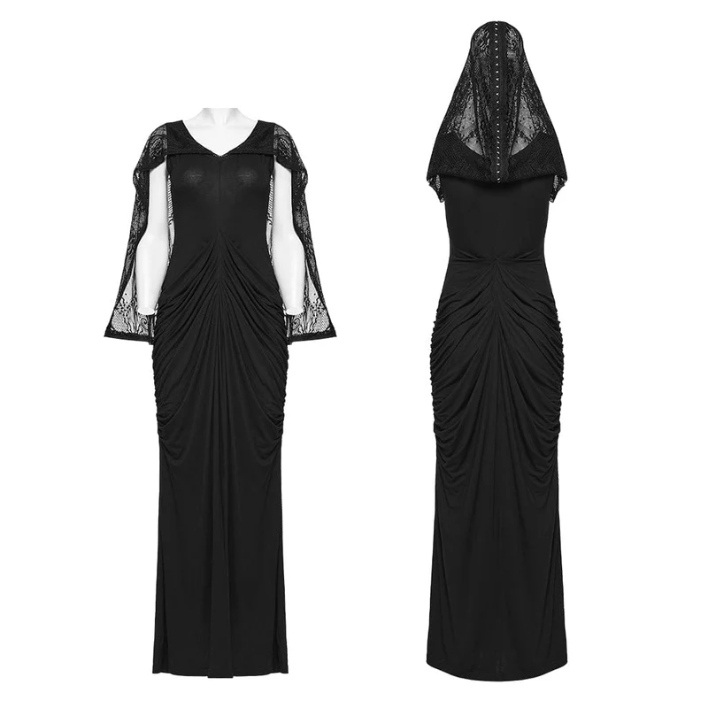 Gothic-Kleid mit Raffungen und Kapuze, Nonnenkleid für Damen, Hochzeitskleid