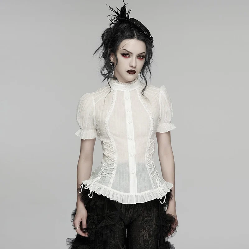 Weißes Gothic-Hemd für Damen mit Schnürung, Puffärmeln und kurzen Ärmeln