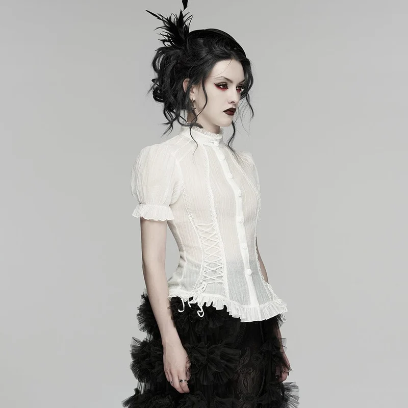 Weißes Gothic-Hemd für Damen mit Schnürung, Puffärmeln und kurzen Ärmeln