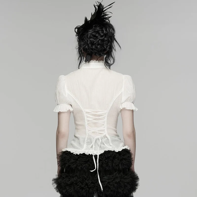 Weißes Gothic-Hemd für Damen mit Schnürung, Puffärmeln und kurzen Ärmeln