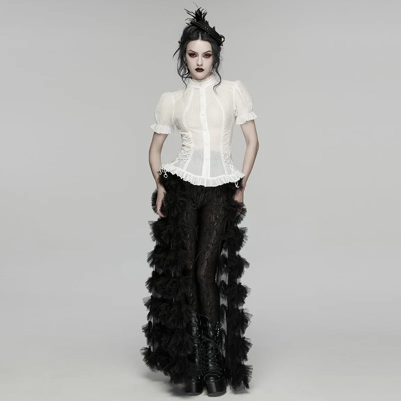 Weißes Gothic-Hemd für Damen mit Schnürung, Puffärmeln und kurzen Ärmeln
