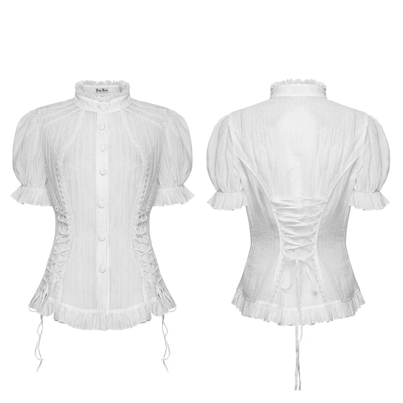 Weißes Gothic-Hemd für Damen mit Schnürung, Puffärmeln und kurzen Ärmeln