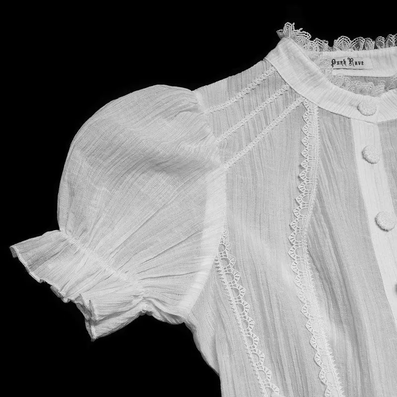 Weißes Gothic-Hemd für Damen mit Schnürung, Puffärmeln und kurzen Ärmeln