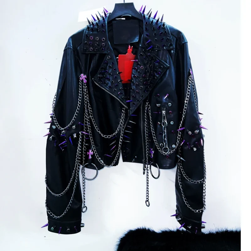 Metallic o ring chain zip-up long sleeve top