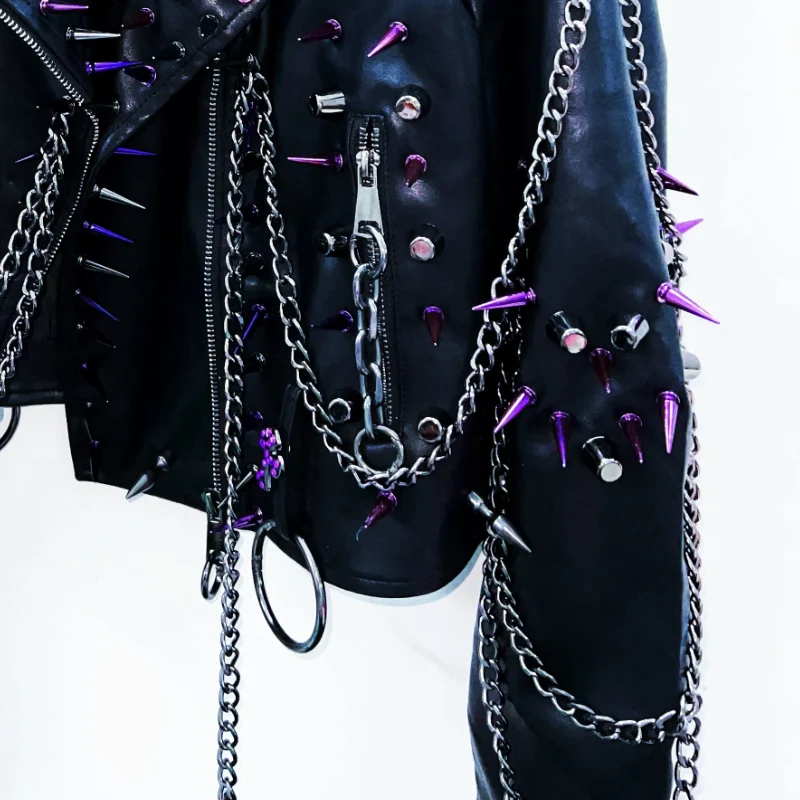 Metallic o ring chain zip-up long sleeve top