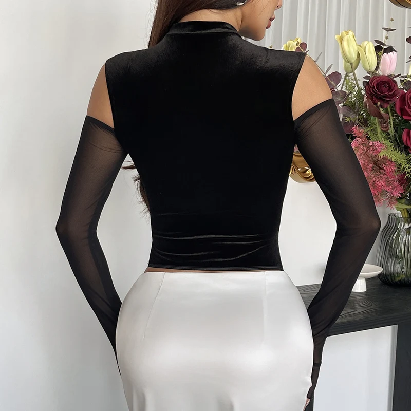 Velvet corset long sleeve metal chain top