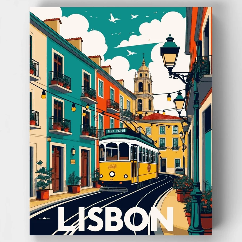 Lisbon Vintage Tram Street Scene - Paint by Numbers Kit