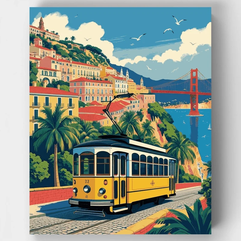 Lisbon Tram & Suspension Bridge - Paint by Numbers Kit