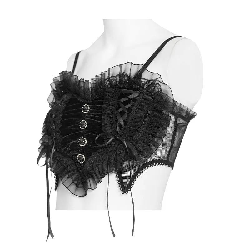 Schwarzes, gotisches Spitzenbustier mit Rüschen und Raffungen für Damen