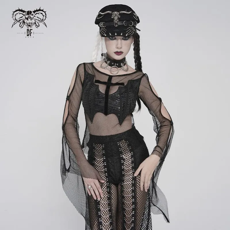 Punk-Fledermaus-Kreuz-Mesh-Top für Damen
