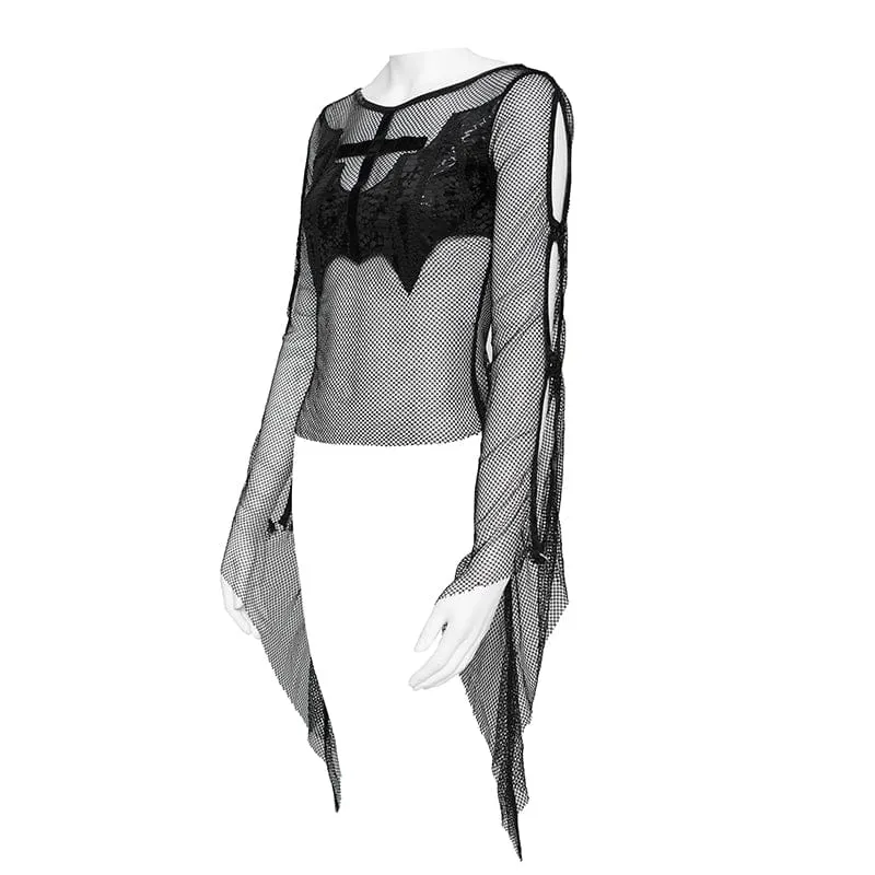 Punk-Fledermaus-Kreuz-Mesh-Top für Damen