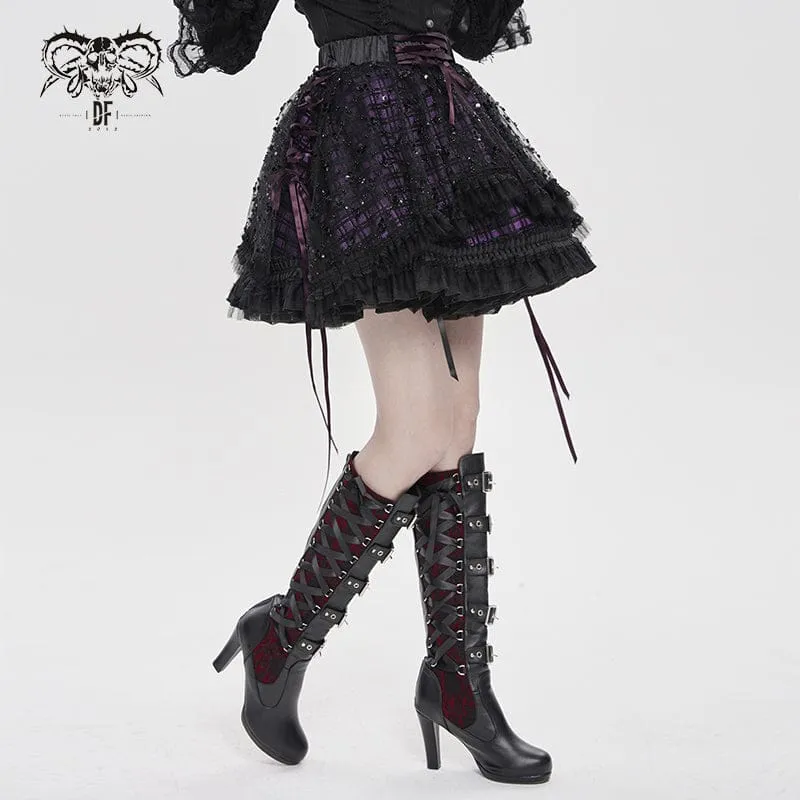 Gothic-Lagenrock mit Schnürung und Karomuster für Damen, schwarz-lila