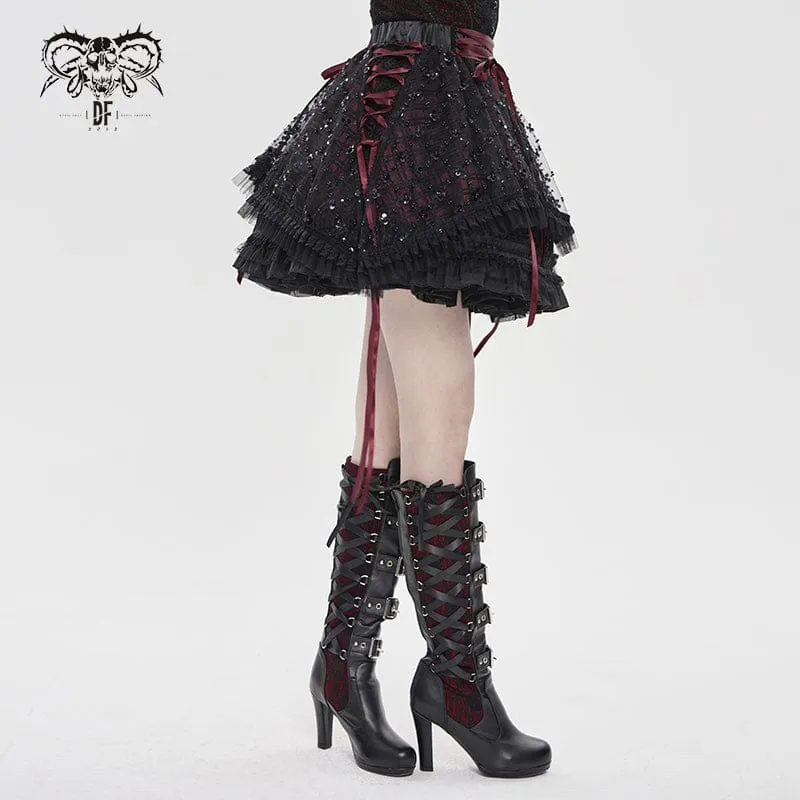 Gothic-Lagenrock mit Schnürung und Karomuster für Damen, schwarz-rot
