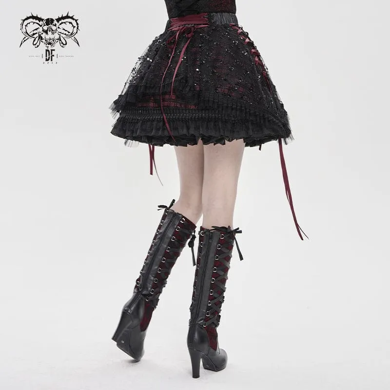Gothic-Lagenrock mit Schnürung und Karomuster für Damen, schwarz-rot