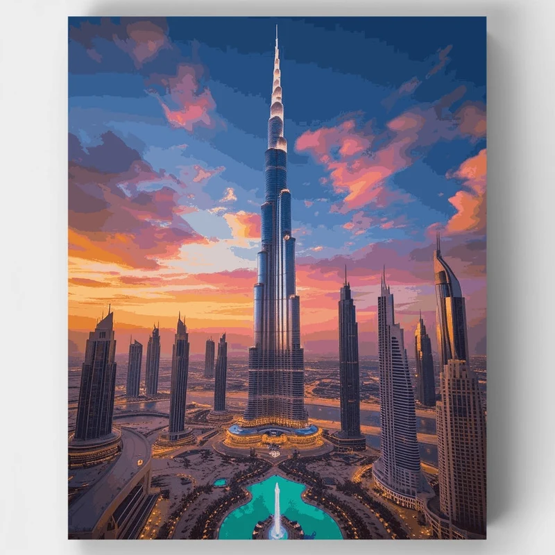 Dubai Skyline Burj Khalifa Sunset - Paint by Numbers Kit