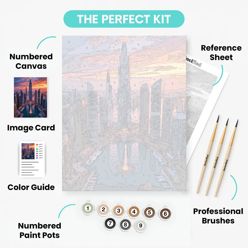 Dubai Fountain & Burj Khalifa at Dusk - Paint by Numbers Kit
