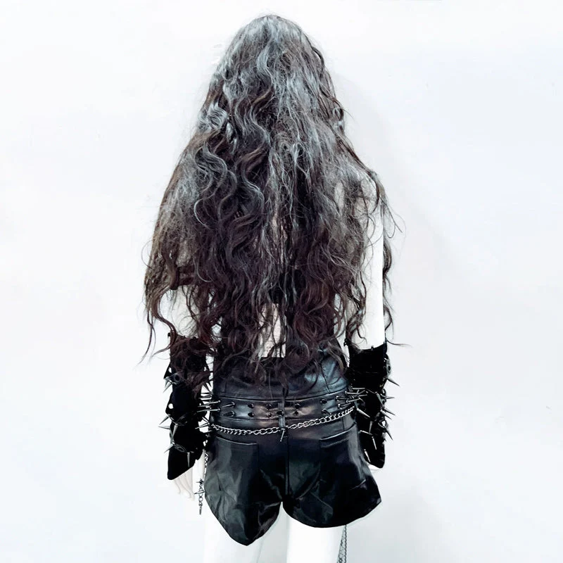 O ring zip-up rivet applique v neck PU leather top