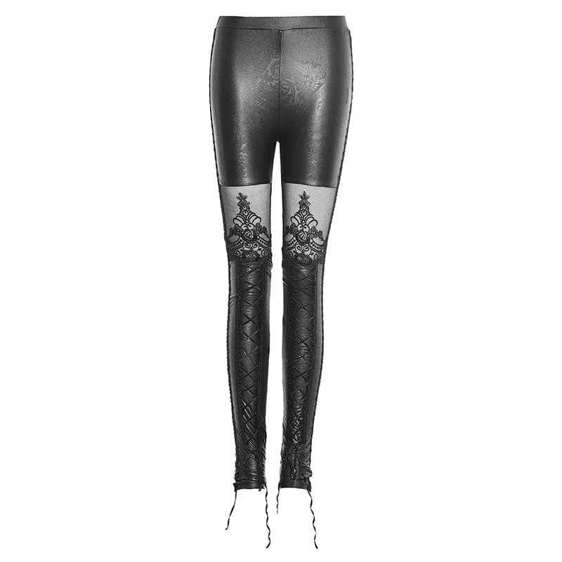 Damen Gothic Floral Crocheted Schnürung Kunstleder Leggings