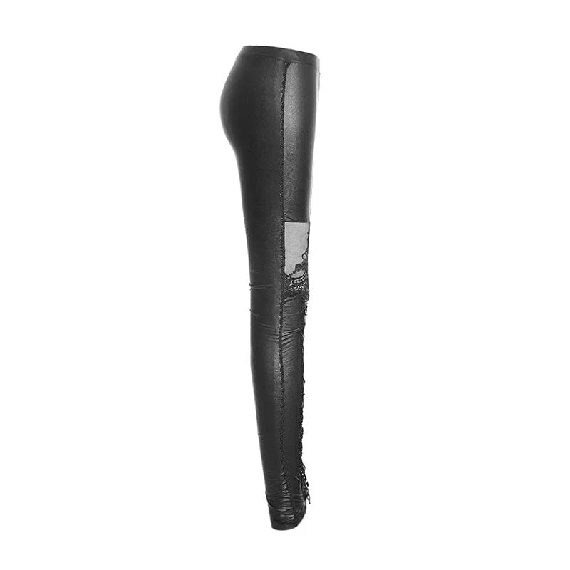Damen Gothic Floral Crocheted Schnürung Kunstleder Leggings