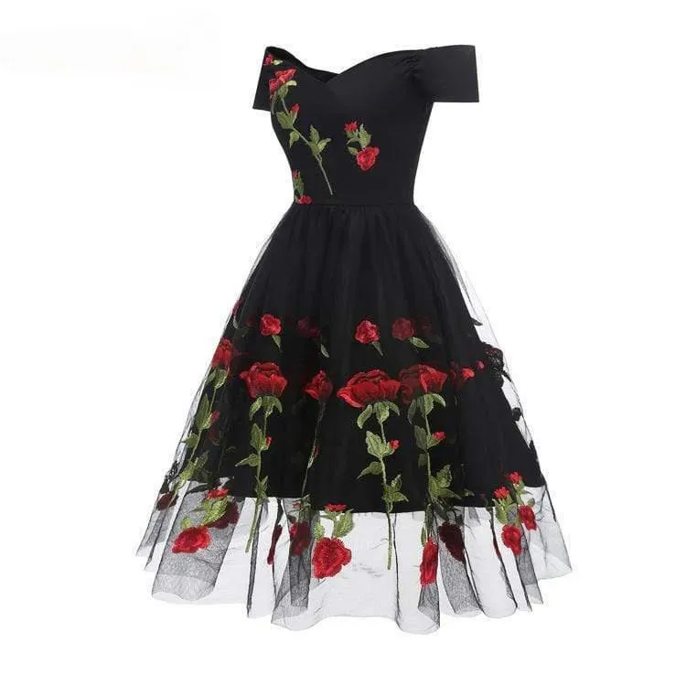 Frauen Vintage Off Shoulder Rose Lace Partykleider Brautkleider