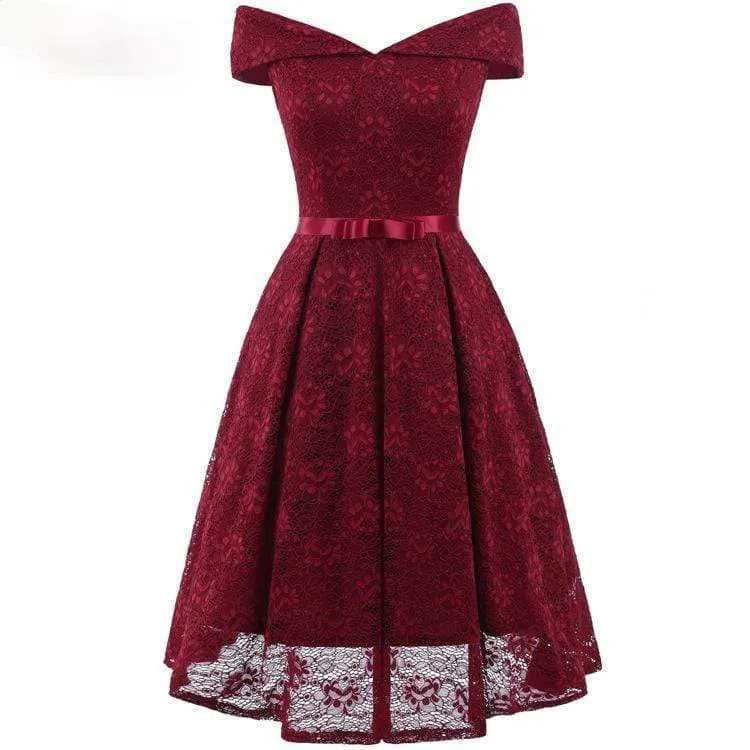 Damen Vintage Schulterfrei Spitze Partykleider Brautjungfernkleider mit Schleife Gürtel Hochzeitskleid