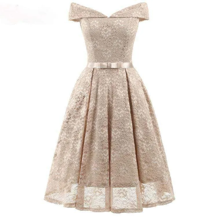 Damen Vintage Schulterfrei Spitze Partykleider Brautjungfernkleider mit Schleife Gürtel Hochzeitskleid