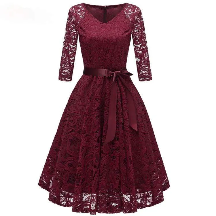 Damen Vintage Spitze Partykleider Brautjungfernkleider mit Schleife Gürtel Hochzeitskleid