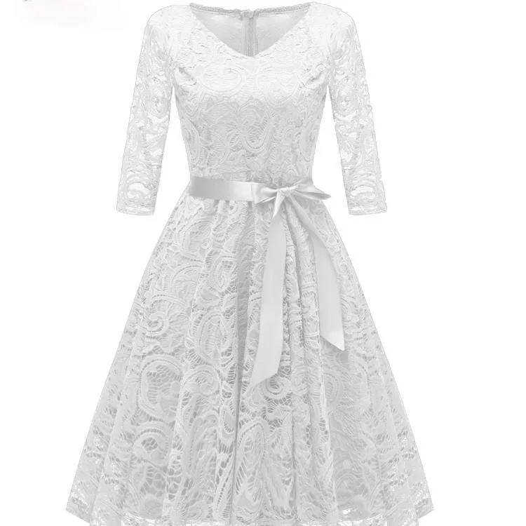 Damen Vintage Spitze Partykleider Brautjungfernkleider mit Schleife Gürtel Hochzeitskleid