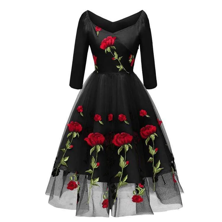 Damen Vintage Rose Spitze Partykleider Brautjungfernkleider Netzkleider Hochzeitskleid