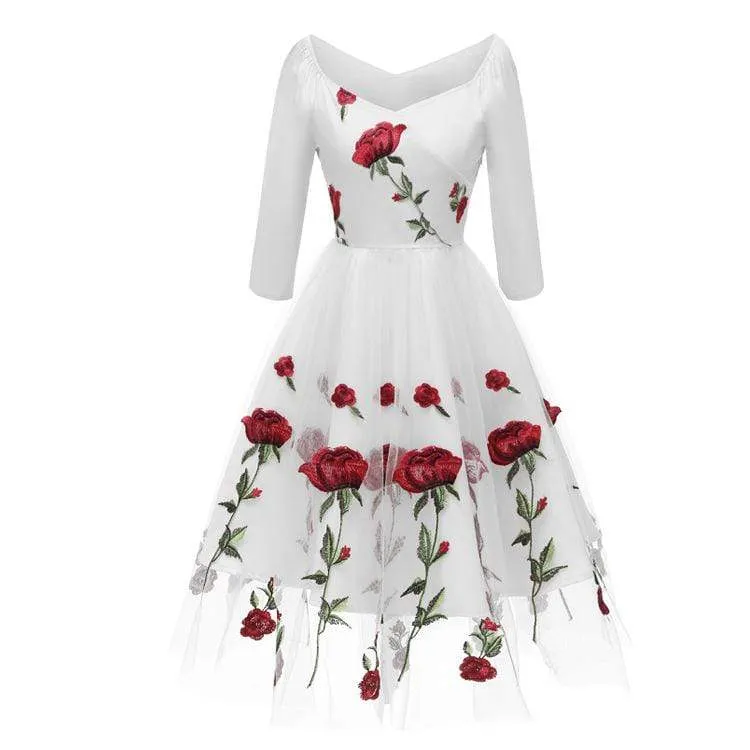 Damen Vintage Rose Spitze Partykleider Brautjungfernkleider Netzkleider Hochzeitskleid
