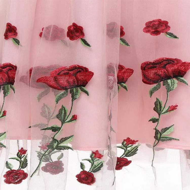 Damen Vintage Rose Spitze Partykleider Brautjungfernkleider Netzkleider Hochzeitskleid
