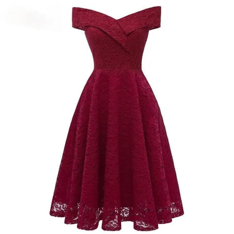 Damen Vintage Schulterfrei Spitze Partykleider Brautjungfernkleider Hochzeitskleid
