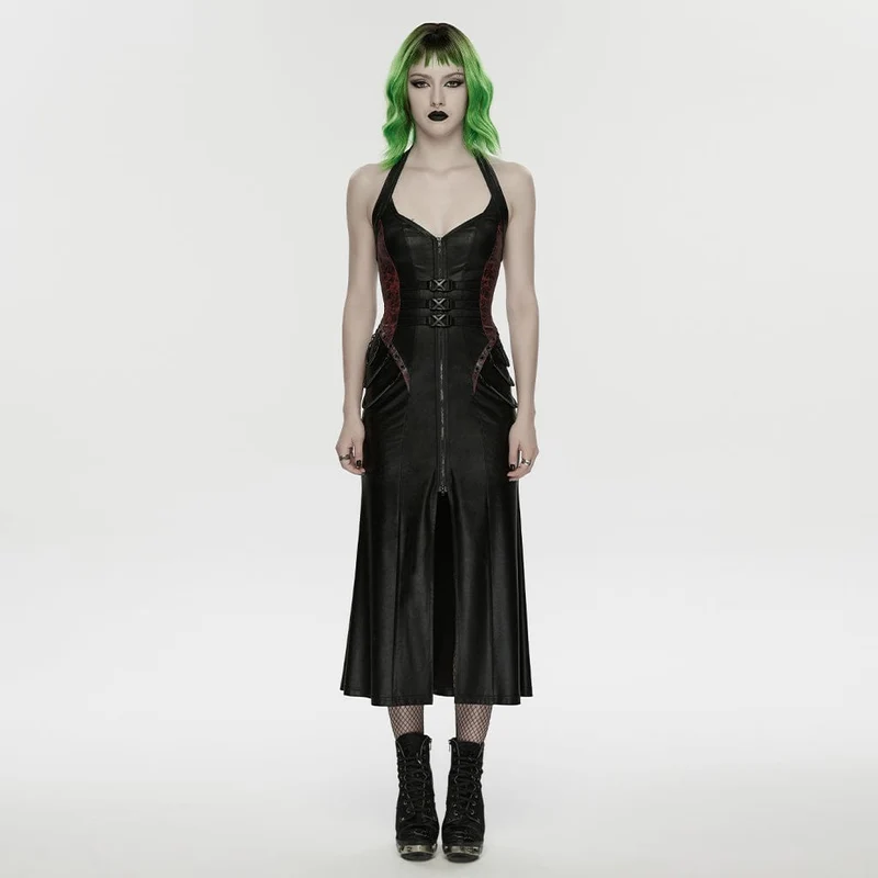 Cyberpunk-Maxikleid für Damen mit Schnallenverschluss, Reißverschluss und Neckholder, Schwarz-Rot