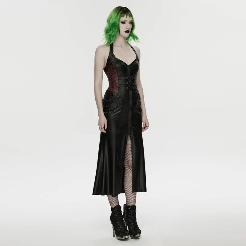 Cyberpunk-Maxikleid für Damen mit Schnallenverschluss, Reißverschluss und Neckholder, Schwarz-Rot