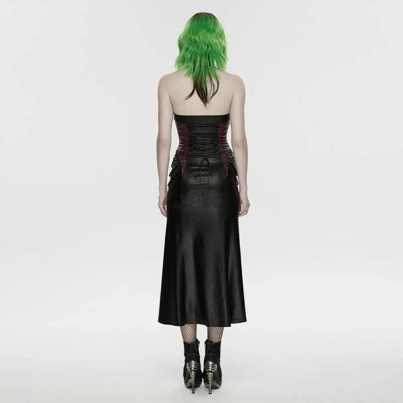 Cyberpunk-Maxikleid für Damen mit Schnallenverschluss, Reißverschluss und Neckholder, Schwarz-Rot