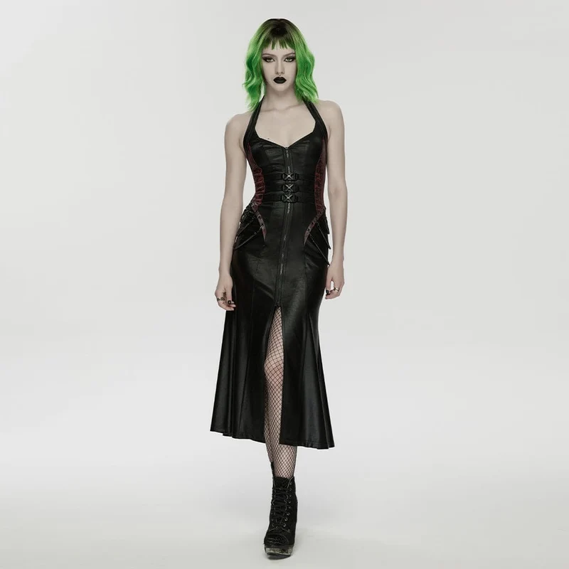 Cyberpunk-Maxikleid für Damen mit Schnallenverschluss, Reißverschluss und Neckholder, Schwarz-Rot