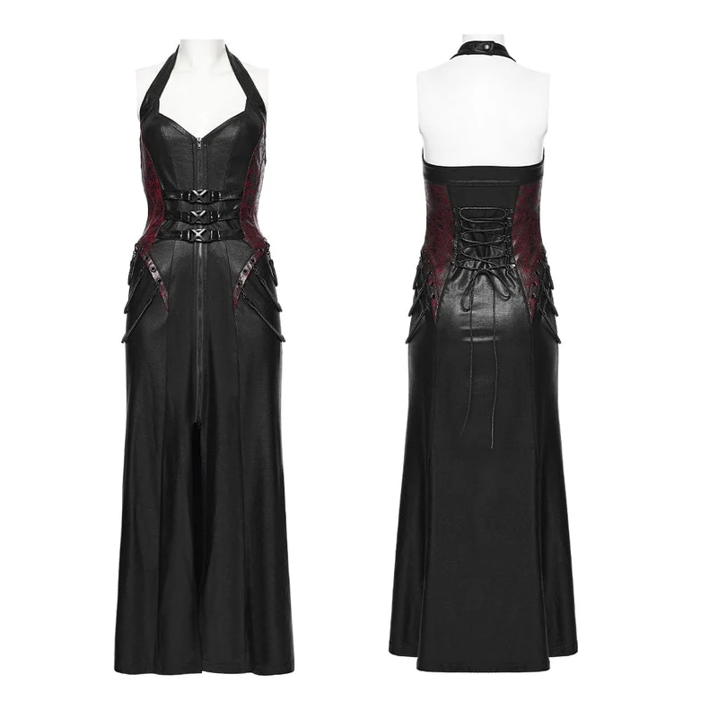 Cyberpunk-Maxikleid für Damen mit Schnallenverschluss, Reißverschluss und Neckholder, Schwarz-Rot