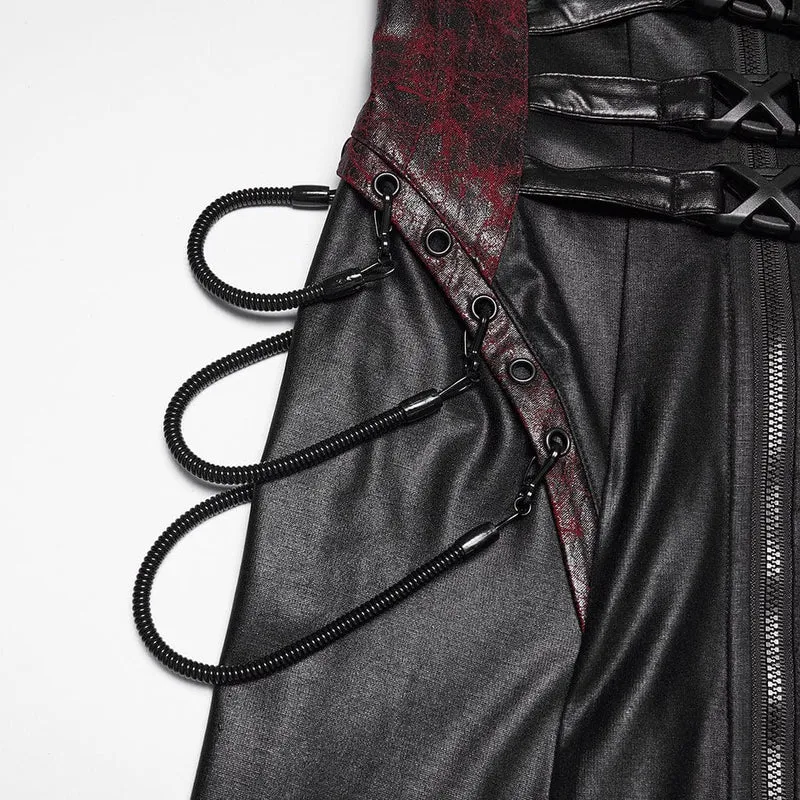 Cyberpunk-Maxikleid für Damen mit Schnallenverschluss, Reißverschluss und Neckholder, Schwarz-Rot