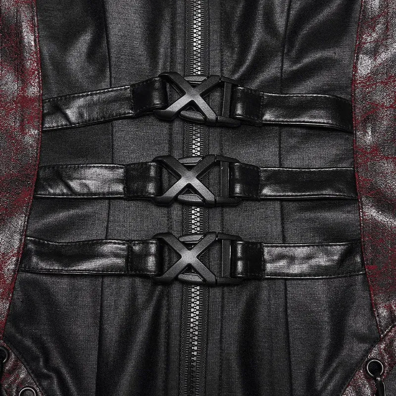 Cyberpunk-Maxikleid für Damen mit Schnallenverschluss, Reißverschluss und Neckholder, Schwarz-Rot