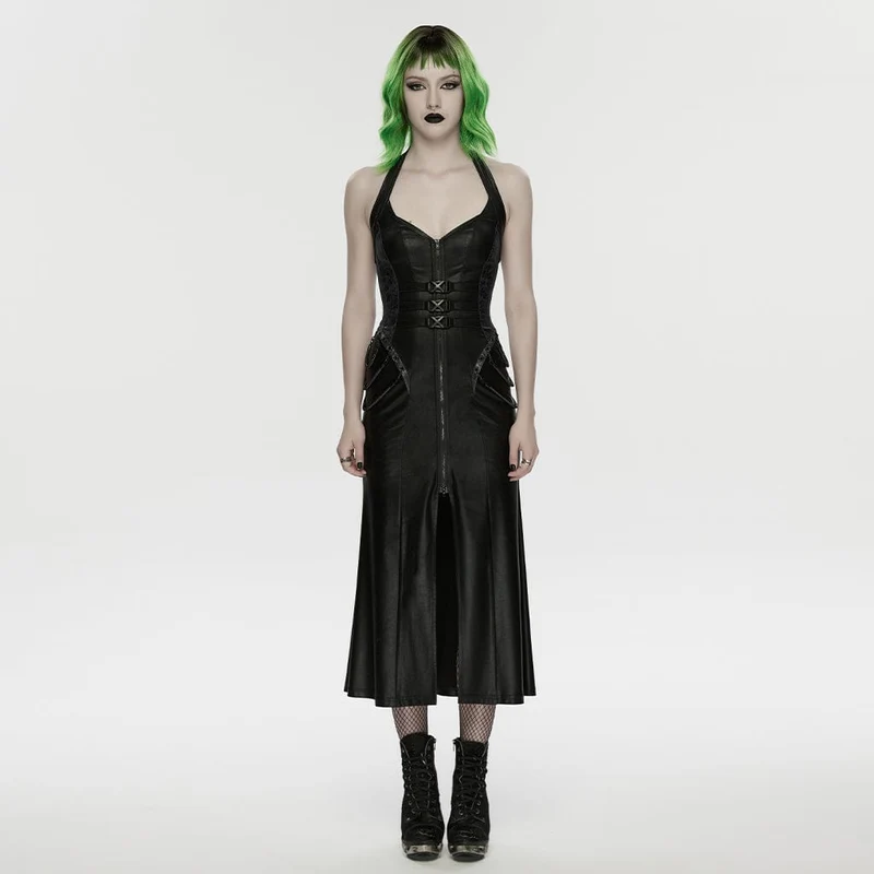 Schwarzes Cyberpunk-Maxikleid für Damen mit Schnallenverschluss, Reißverschluss und Neckholder