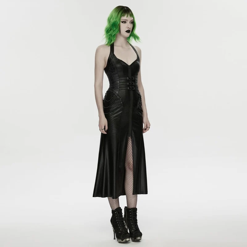 Schwarzes Cyberpunk-Maxikleid für Damen mit Schnallenverschluss, Reißverschluss und Neckholder