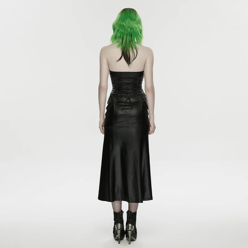 Schwarzes Cyberpunk-Maxikleid für Damen mit Schnallenverschluss, Reißverschluss und Neckholder