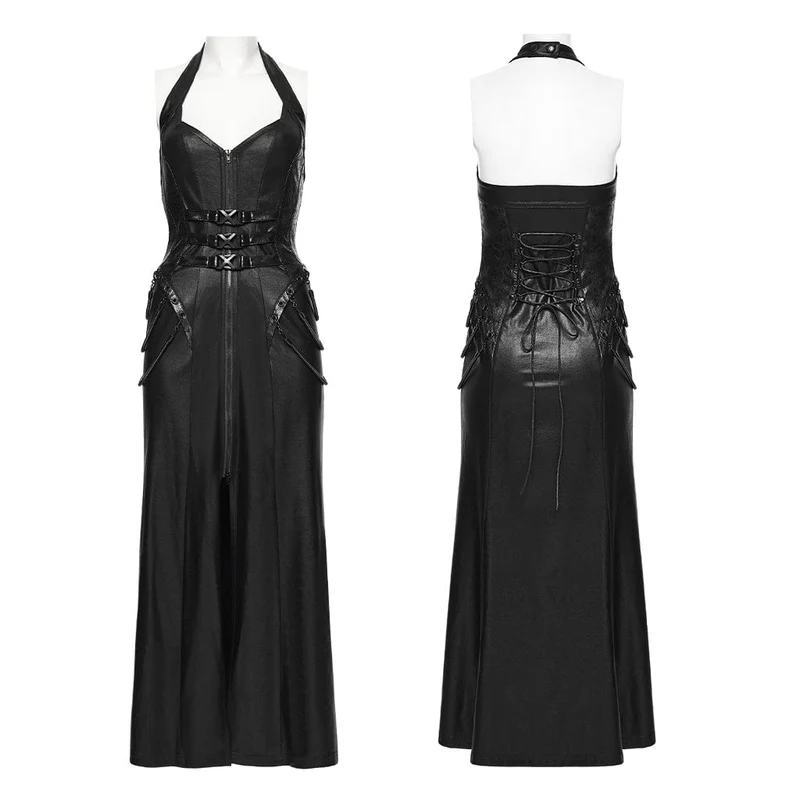 Schwarzes Cyberpunk-Maxikleid für Damen mit Schnallenverschluss, Reißverschluss und Neckholder