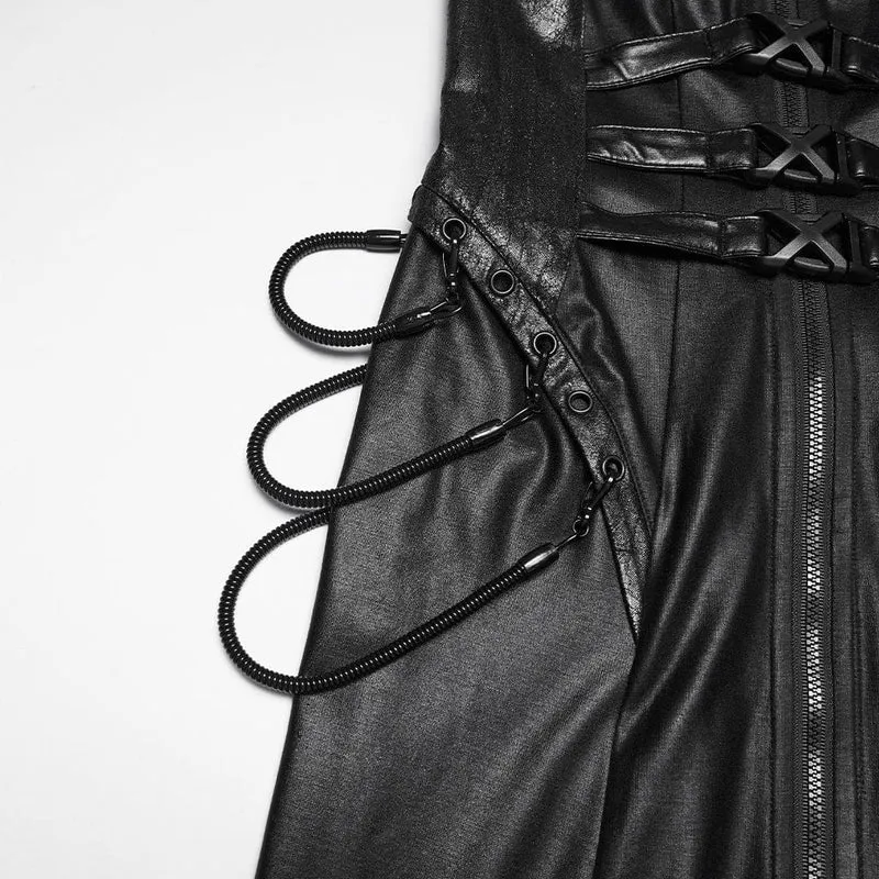 Schwarzes Cyberpunk-Maxikleid für Damen mit Schnallenverschluss, Reißverschluss und Neckholder