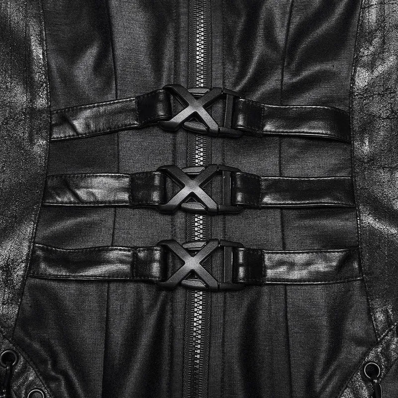 Schwarzes Cyberpunk-Maxikleid für Damen mit Schnallenverschluss, Reißverschluss und Neckholder