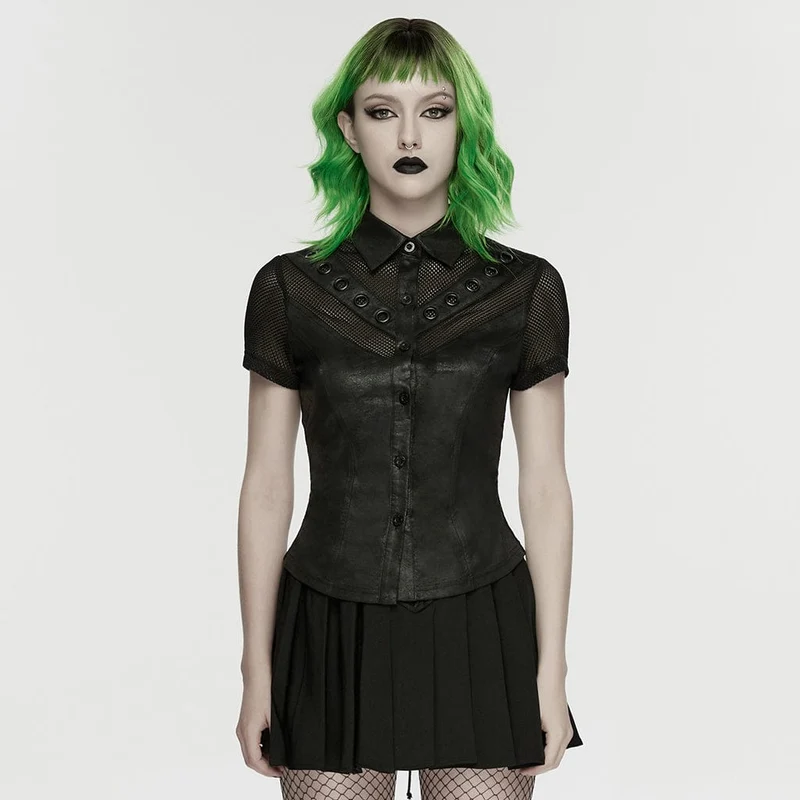 Punk-Damenhemd mit Schnürung, Ösen und Mesh-Einsätzen, kurzärmelig