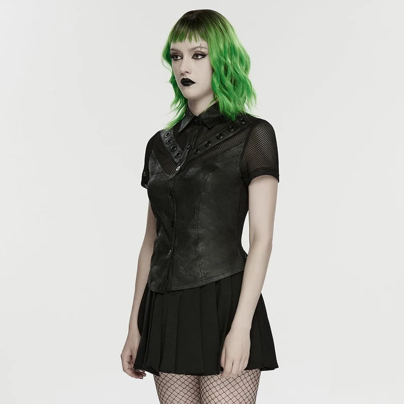 Punk-Damenhemd mit Schnürung, Ösen und Mesh-Einsätzen, kurzärmelig