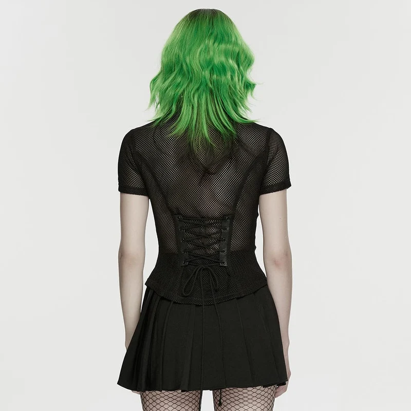 Punk-Damenhemd mit Schnürung, Ösen und Mesh-Einsätzen, kurzärmelig