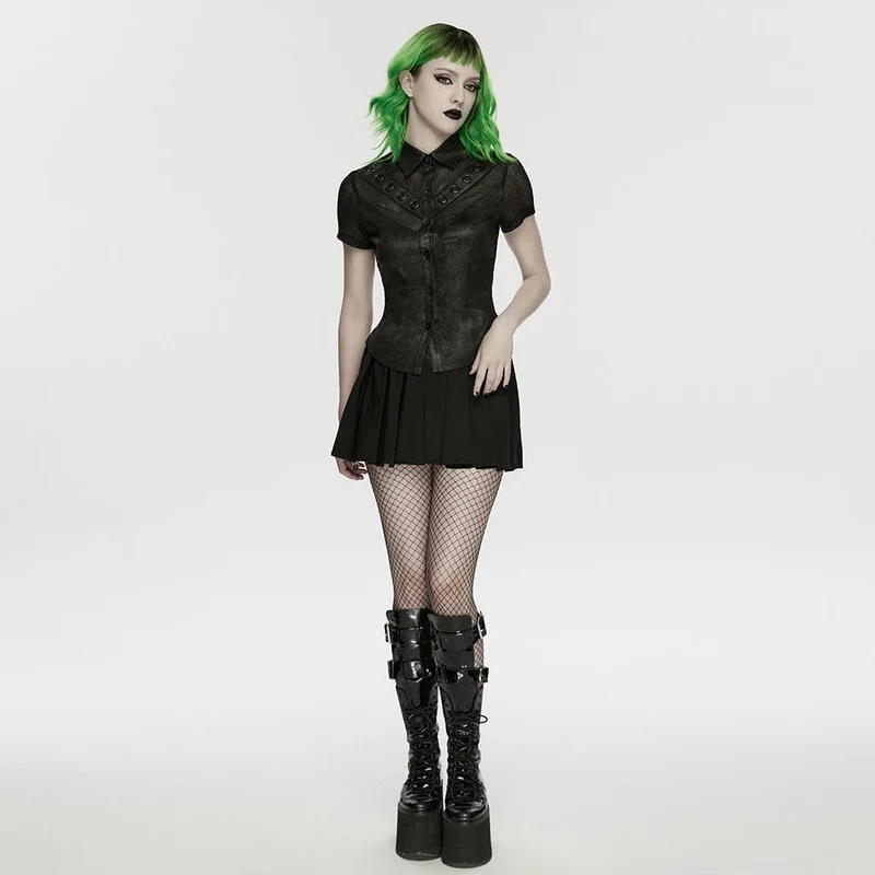 Punk-Damenhemd mit Schnürung, Ösen und Mesh-Einsätzen, kurzärmelig